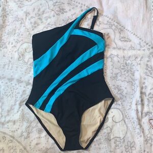 New Kenneth Cole One Piece Stripe Swimsuit One Shoulder Black Blue Sz Large